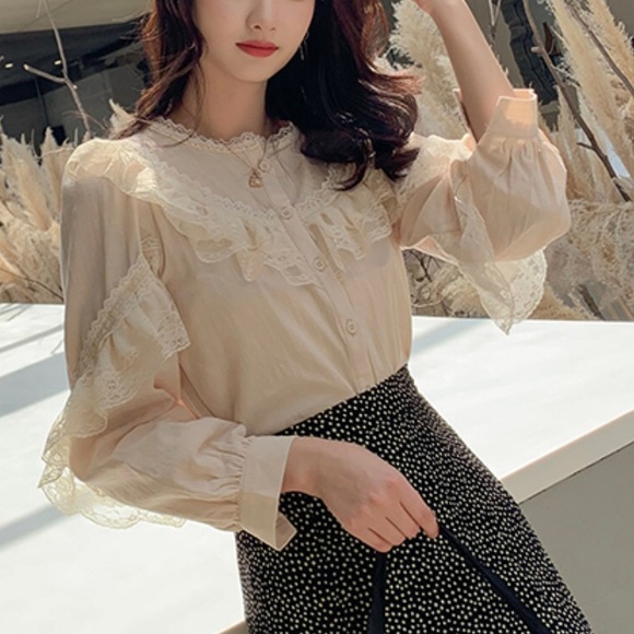 Lace blouse button shirt cream beige ruffle long sleeve  top womens - Picture 3 of 10